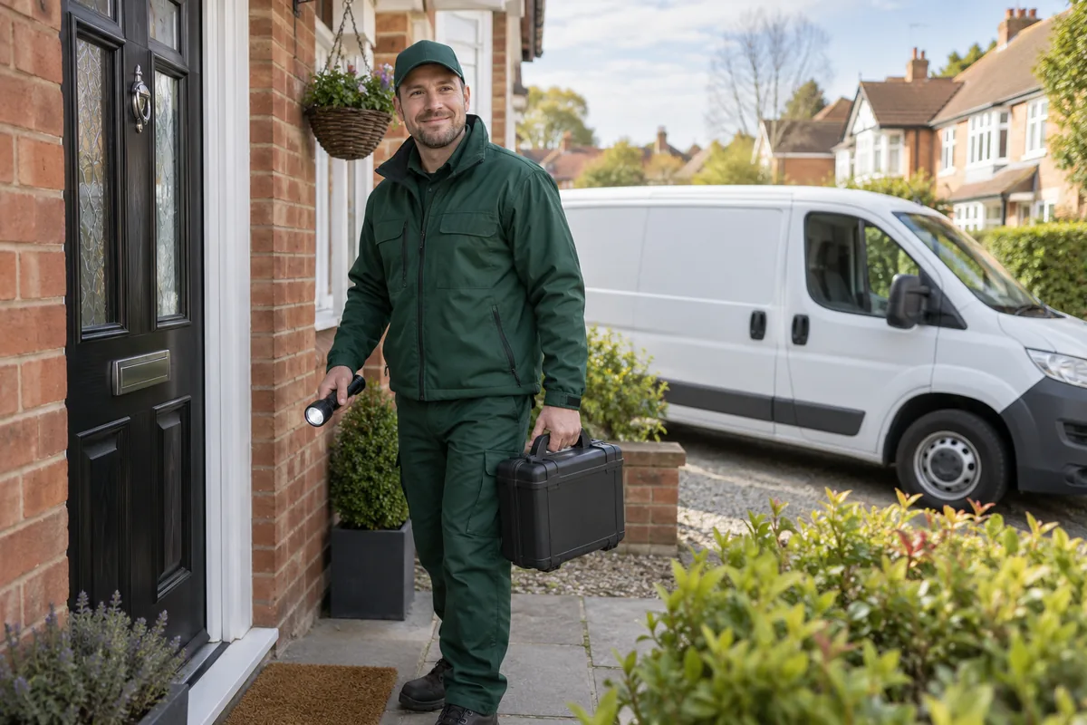 Pest technician arriving at a home inspection and service